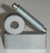 Completed spur gear, meshing with rack and 1/4-20 rod